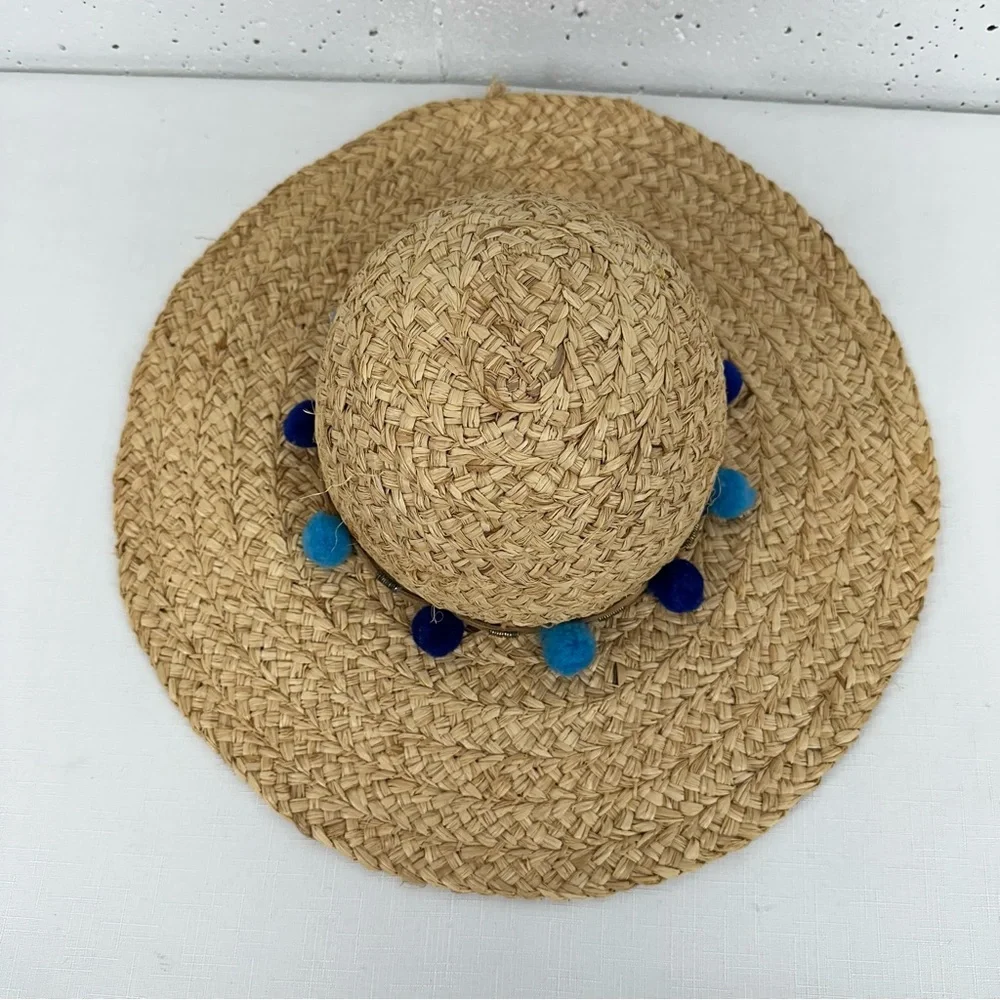 Pool to Party by Subtle Luxury Wide Brim Straw Floppy Sun Hat with Blue Pom Poms